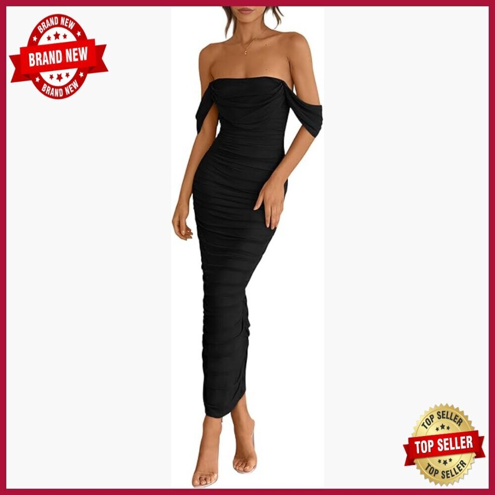 Off Shoulder Ruched Bodycon Maxi Dress, Strapless Split Cocktail Party